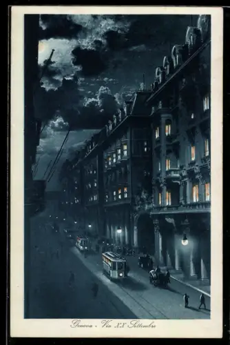 AK Genova, Via XX Settembre, Luna, Strassenbahn