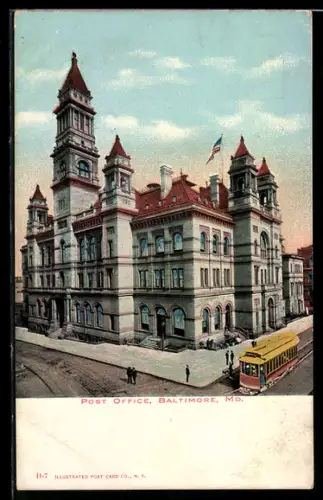 AK Baltimore, Md., Post Office, Strassenbahn