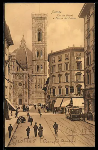 AK Firenze, via dei Pecori e piazza del Duomo, Strassenbahn
