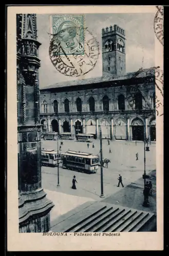 AK Bologna, Palazzo del Podestà, Strassenbahn