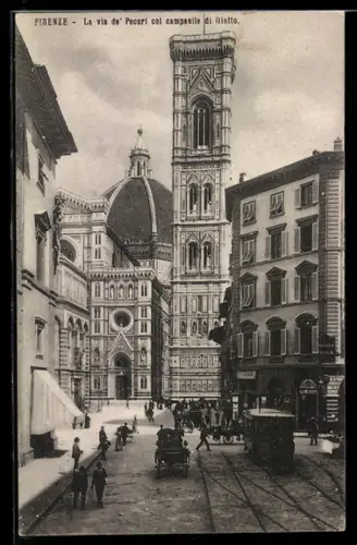 AK Firenze, La via de` Pecori col campanile di Giotto, Strassenbahn