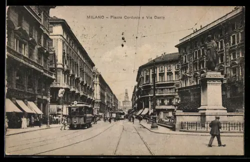 AK Milano, Piazza Cordusio e Via Dante, Strassenbahn