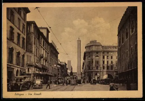 AK Bologna, Via Rizzoli, Torre, Strassenbahn