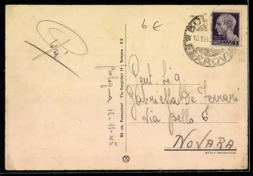 AK Bologna, Via Rizzoli, Torre, Strassenbahn