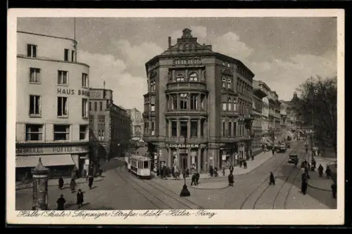AK Halle /Saale, Leipziger Strasse Ecke Ring mit Strassenbahn aus der Vogelschau