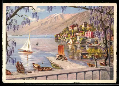 Künstler-AK Ascona, Panorama dalla Terrazza dell` Albergo Elvezia