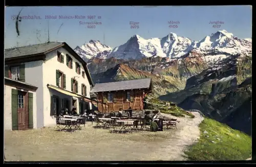 AK Niesen-Kulm /Bern, Hôtel, Terrasse mit Gebirgspanorama