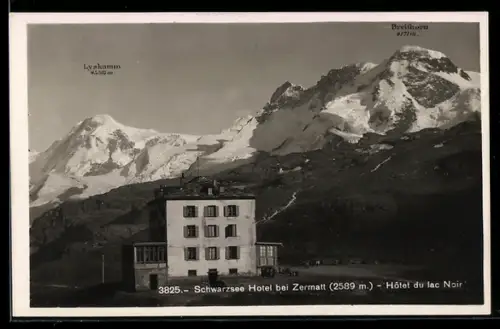 AK Zermatt, Schwarzsee-Hotel mit Breithorn und Lyskamm