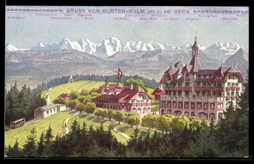 Künstler-AK Gurten-Kulm bei Bern, Blick auf Kulm mit Hotelgebäuden und Bergpanorama