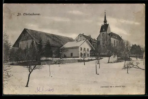 AK St. Chrischona, Kirche mit Nebengebäuden im Schnee