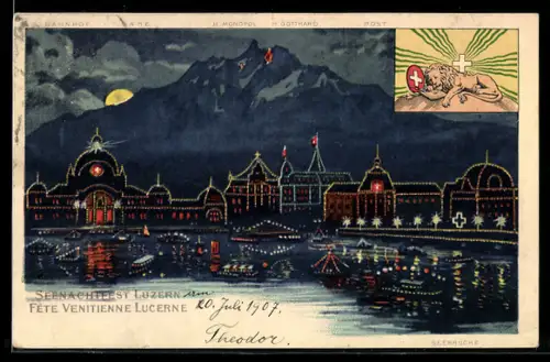Künstler-AK Luzern, Seenachtfest mit illuminierten Uferbauten und Seebrücke