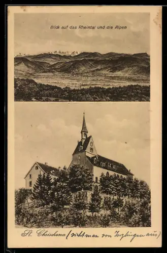 AK St. Chrischona, Kirche und Blick auf das Rheintal und die Alpen
