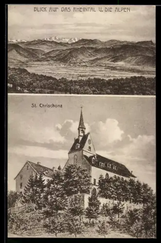 AK St. Chrischona, Kirche und Blick auf das Rheintal u. die Alpen