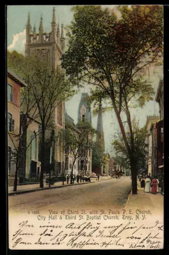 AK Troy, NY, View of the Third Street with St. Pauls P. E. Church, City Hall and Third St. Baptist Church