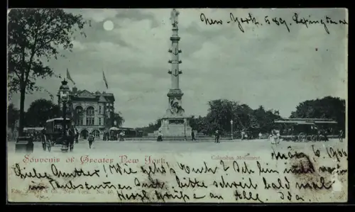 Mondschein-AK New York, NY, View of the Columbus-Monument