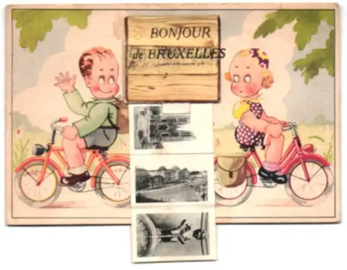 Leporello-AK Bruxelles, Panorama der Stadt, Börse, Kirche, Manneken Pis