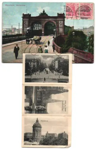 Leporello-AK Mannheim, Grossherzogliches Hoftheater, Partie in der Heidelbergerstrasse und am Bassin