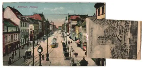 Leporello-AK Mannheim, Bahnhof, Hauptpost und Partie im Friedrichspark mit Sternwarte