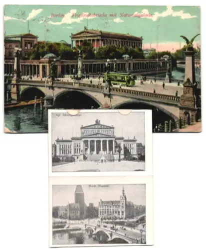 Leporello-AK Berlin, Königliches Schauspielhaus und Opernhaus sowie Museum und Reichstagsgebäude