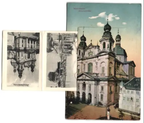 Leporello-AK Mannheim, Jesuitenkirche, Hafenpartie und Mühlauhafen