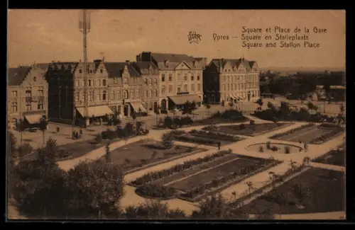 AK Ypres, Square et Place de la Gare