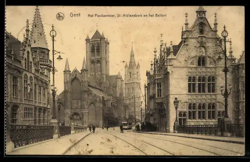 AK Gand, La Poste, l`Eglise St. Nicolas et le Beffroi, Strassenbahn