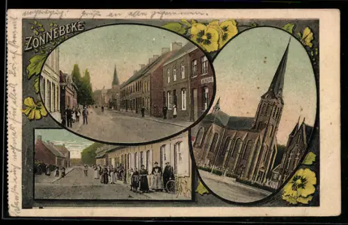 AK Zonnebeke, Mehrfachansichten mit Kirche und Strassenszenen