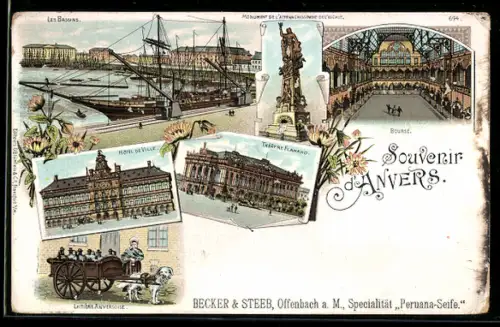 Lithographie Anvers, Bourse, Hotel de Ville, Theatre Flamand, Laitière Anversoise, Les Bassins