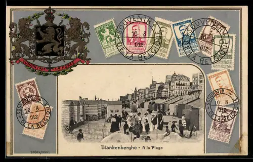 AK Blankenberghe, A la Plage, Briefmarken, Wappen
