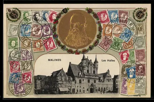 AK Malines, Les Halles, versch. Briefmarken