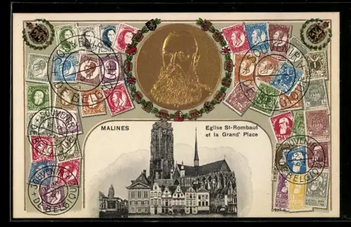 AK Malines, Eglise St-Rombaut et la Grand` Place, versch. Briefmarken