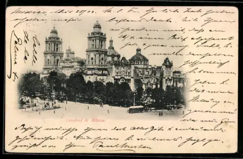 AK Mexico City, Strassenbahn vor der Kathedrale