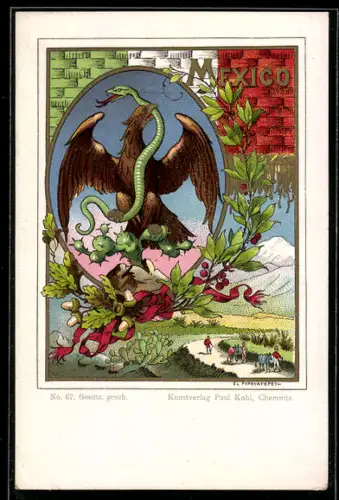 Lithographie Mexiko, Adler mit einer Schlange im Schnabel, Esel