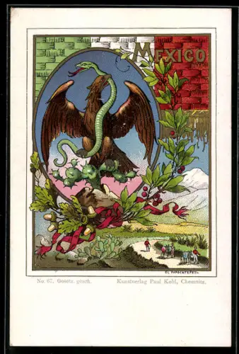 Lithographie Mexiko, Adler mit einer Schlange im Schnabel, Esel