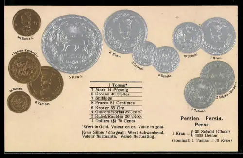 AK Geld von Persien, Fahne mit Umrechnungstabelle