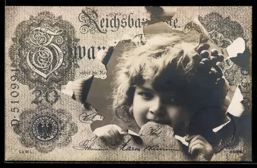 AK Portrait eines Kindes mit Beeren im Haar im Geldscheinpassepartout