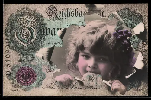 AK Portrait eines Kindes mit Beeren im Haar im Geldscheinpassepartout
