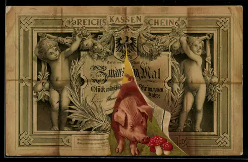 AK Glücksschwein blickt durch einen zerrissenen Reichskassenschein, Glückwünsche