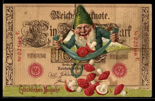 AK Zwerg mit Fliegenpilzen schaut durch eine Reichsbanknote von Einhundert Mark, Geld