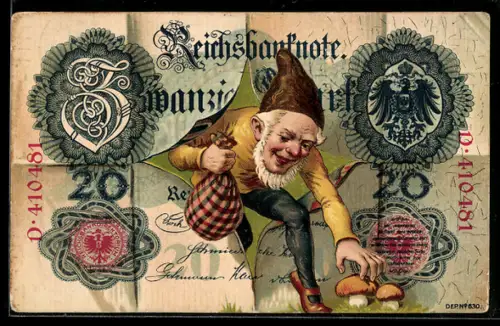 AK Zwerg springt durch eine 20-Mark-Reichsbanknote u. greift nach Pilzen, Geldschein, Neujahr