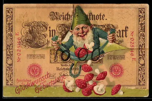 AK Zwerg mit Fliegenpilzen schaut durch eine Reichsbanknote von Einhundert Mark, Geld