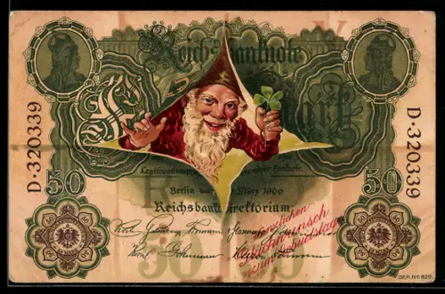 AK Zwerg schaut durch eine Reichsbanknote von Fünfzig Mark