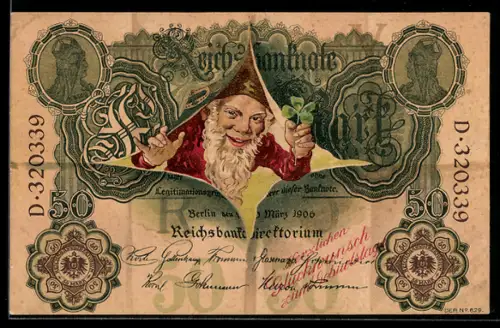 AK Zwerg schaut durch eine Reichsbanknote von Fünfzig Mark