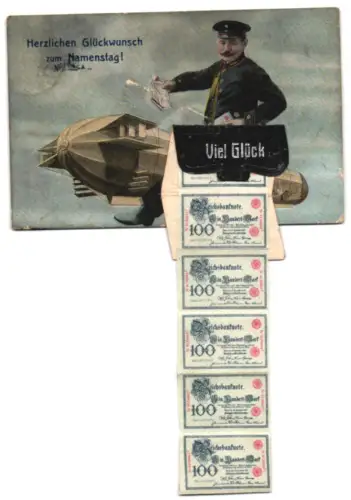 Leporello-AK Postbote auf einem Zeppelin mit Tasche voller 100 Mark Geldscheine