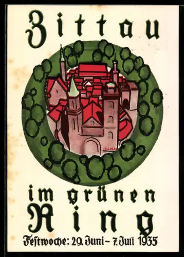 AK Zittau, Festwoche Zittau im grünen Ring 1935, Ganzsache