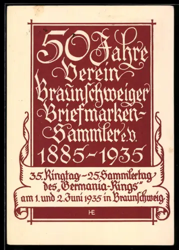 AK Braunschweig, 50 Jahre Verein der Briefmarkensammler 1885-1935, Ganzsache