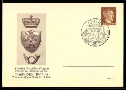 AK Ganzsache PP152 C3 /01: Greiz, Vogtländische Poststube, Fürstlich Reussische Hofpost, Abzeichen des Postillons um 1801