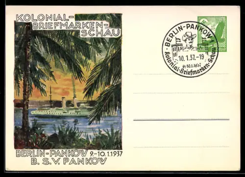 Künstler-AK Berlin-Pankow, Kolonial-Briefmarkenschau 1937, Kriegsschiff vor der Küste, Ganzsache
