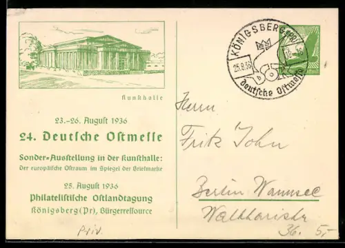 AK Königsberg /Pr., 24. Deutsche Ostmesse 1936, Sonder-Ausstellung in der Kunsthalle, Ganzsache