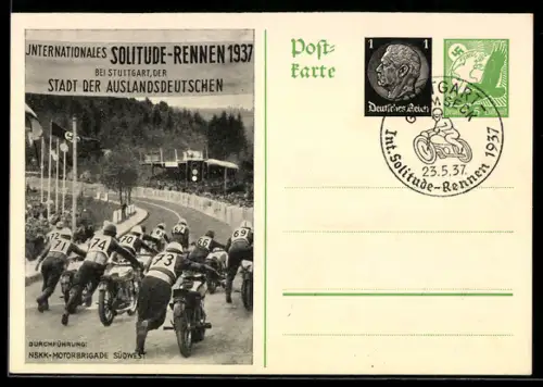 AK Stuttgart, Motorräder beim Start, Internationales Solitude-Rennen 1937, Banner Stadt der Auslandsdeutschen, Ganzsache